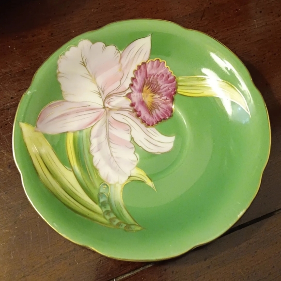 Occupied Japan Hand Painted Pink and Green Saucer Plate Elephant Backstamp - Picture 5 of 6